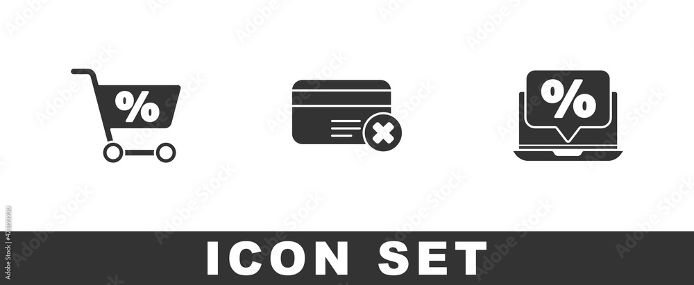 Set Shopping cart, Credit card remove and Percent discount and laptop icon. Vector Set Shopping cart, Credit card remove and Percent discount and laptop icon. Vector