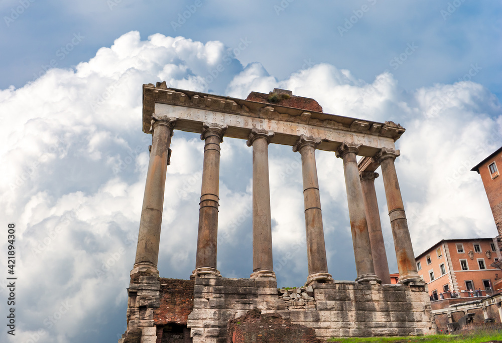 Temple of Saturn in Roman Forum, center of Rome, Italy