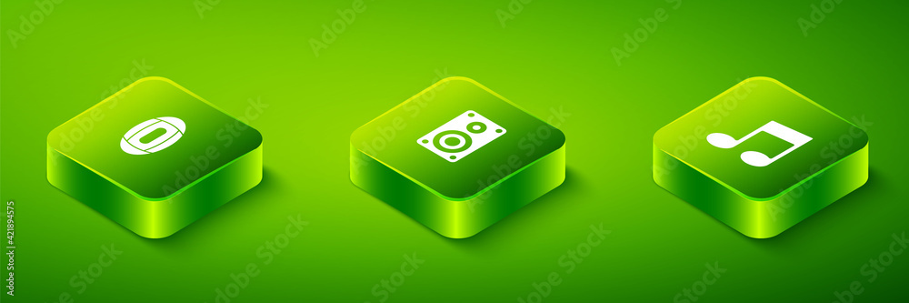 Set Isometric Stereo speaker, Music note, tone and American Football ball icon. Vector Set Isometric Stereo speaker, Music note, tone and American Football ball icon. Vector