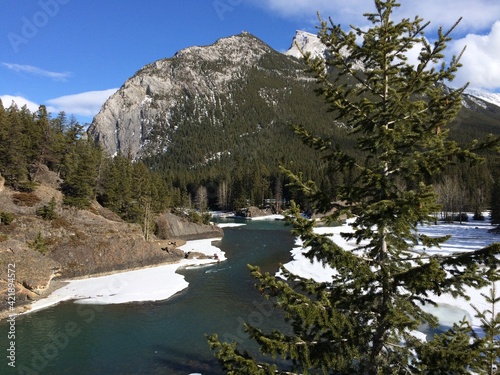Scenic view of Bow falls and the spectacular surrounding landscape