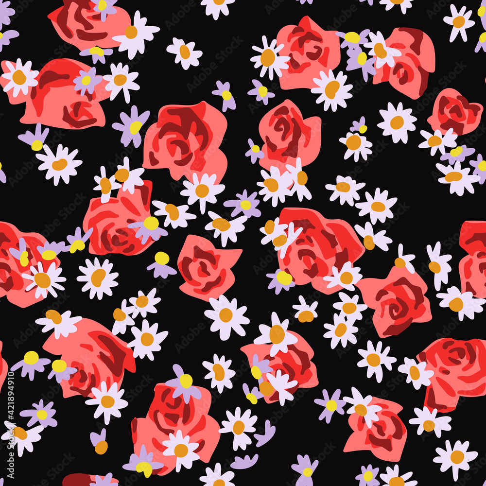 Seamless pattern made of small field daisies and roses buds. Flat cut out paper style. Floral collage. Summer botanical background in modern manner. Nature motif for textile and fabric texture.