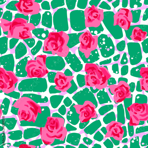 Seamless pattern made of roses buds with oval geometric shapes on background. Cut out paper style. Floral collage. Summer botanical background. Nature motif for textile and fabric texture.