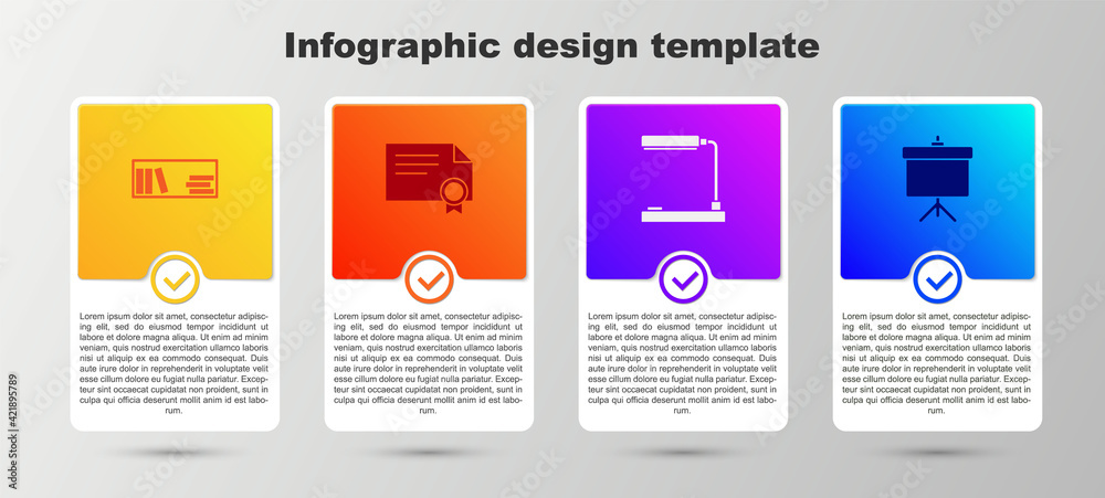 Set Shelf with books, Certificate template, Table lamp and Chalkboard diagram. Business infographic template. Vector Set Shelf with books, Certificate template, Table lamp and Chalkboard diagram. Business infographic template. Vector