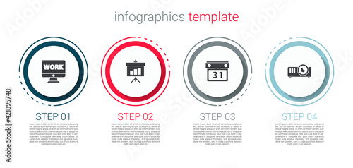 Set Monitor with text work, Chalkboard diagram, Calendar and Movie, film, media projector. Business infographic template. Vector