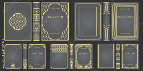 Set of Books cover and spine design template. Ornate vintage frames or borders to be printed on covers of book. Retro frames. Classical Brochure design. Presentation cover. photo