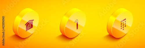 Set Isometric House under protection, Crowbar and Password icon. Vector