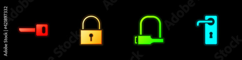 Set Key, Lock, Bicycle lock and Door handle icon. Vector