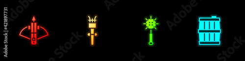 Set Battle crossbow with arrow, Torch flame, Medieval chained mace ball and Wooden barrel icon. Vector