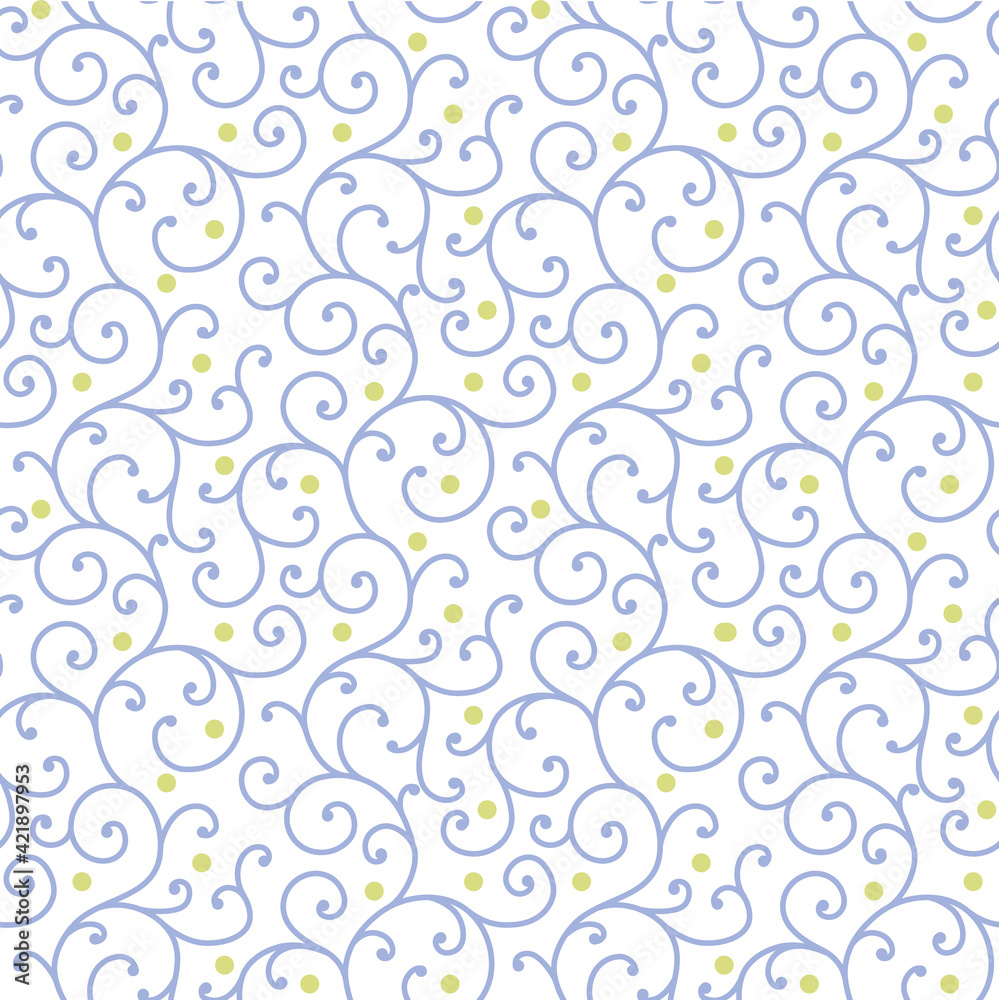  Allover seamless scroll design with dots. Blue, Green.