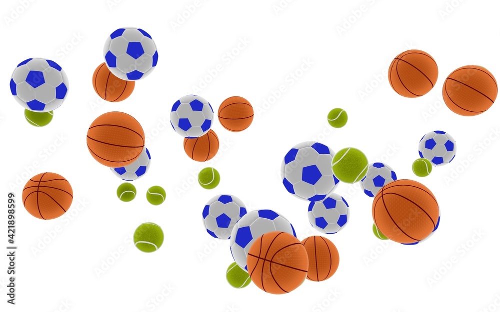 3D illustration of balls of various sports, soccer, basketball, tennis, golf. Cut out on white background with vivid colors.