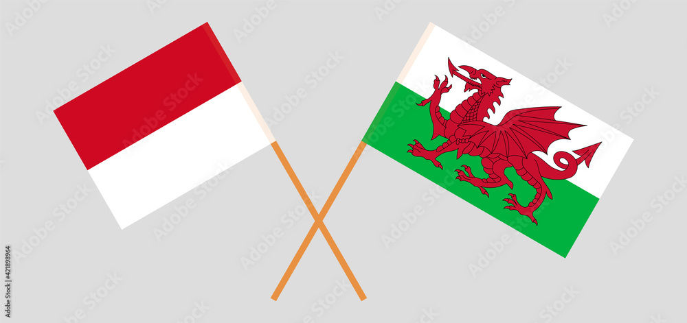 Crossed flags of Monaco and Wales. Official colors. Correct proportion