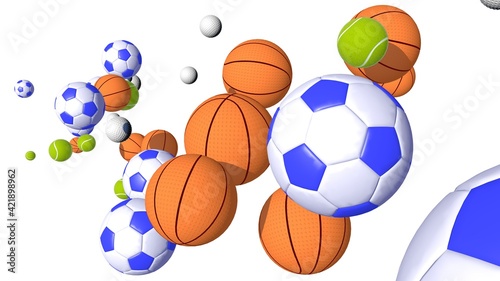 3D illustration of balls of various sports  soccer  basketball  tennis  golf. Cut out on white background with vivid colors.