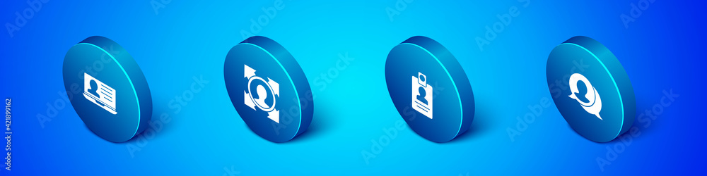 Set Isometric Laptop with resume, Identification badge, Speech bubble chat and Head hunting icon. Vector Set Isometric Laptop with resume, Identification badge, Speech bubble chat and Head hunting icon. Vector