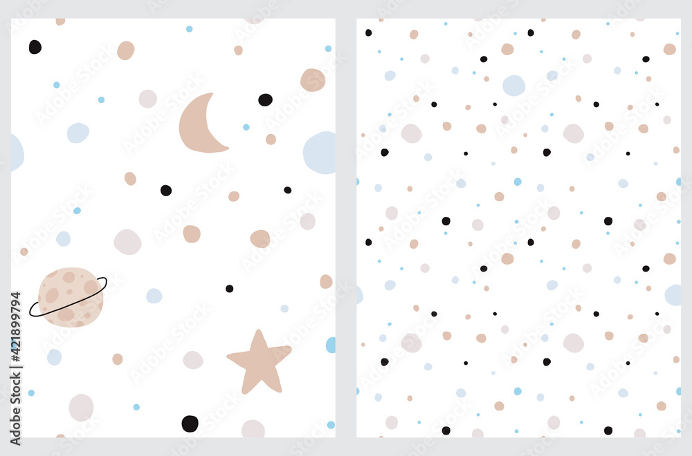 Cute Cosmos Seamless Vector Patterns. Irregular Hand Drawn Galaxy Print. Childish Endless Texture. Infantile Style Cosmos with Little Stars, Moon and Planets Isolated on a White Background.