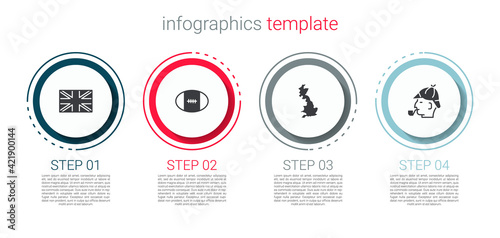 Set Flag of Great Britain, Rugby ball, England map and Sherlock Holmes. Business infographic template. Vector