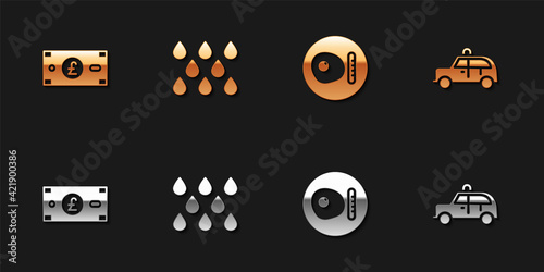 Set Pound sterling money, Water drop, British breakfast and Taxi car icon. Vector