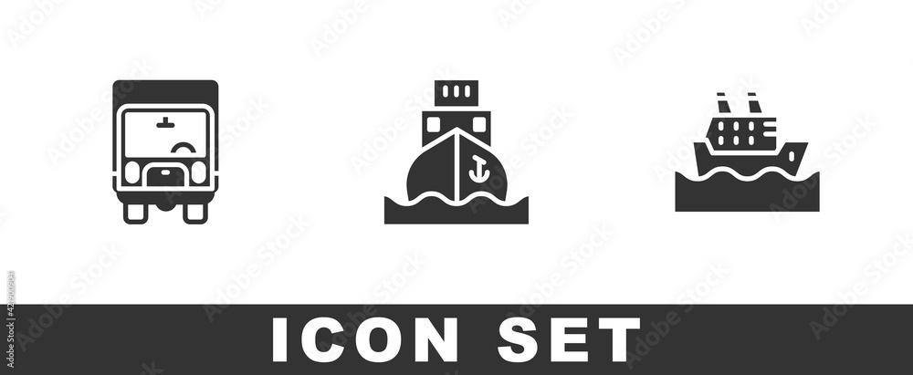 Set Delivery cargo truck, Cargo ship and Cruise icon. Vector Set Delivery cargo truck, Cargo ship and Cruise icon. Vector