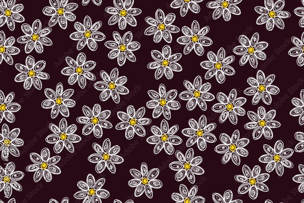 Seamless pattern of small white flowers in one continuous line. Trendy botanical floral print for fabric, wallpaper, bkmaga, cover. Hand-drawn white sketch vector on dark background Seamless pattern of small white flowers in one continuous line. Trendy botanical floral print for fabric, wallpaper, bkmaga, cover. Hand-drawn white sketch vector on dark background