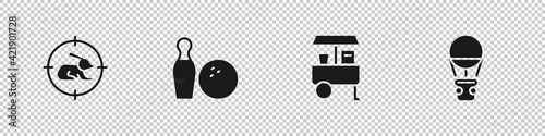 Set Hunt on rabbit with crosshairs, Bowling pin and ball, Fast street food cart and Hot balloon icon. Vector
