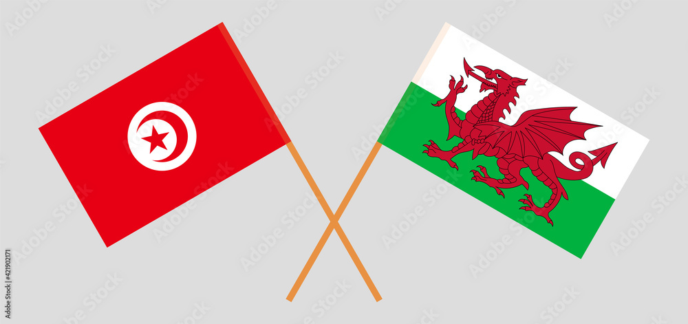 Crossed flags of Tunisia and Wales. Official colors. Correct proportion Crossed flags of Tunisia and Wales. Official colors. Correct proportion