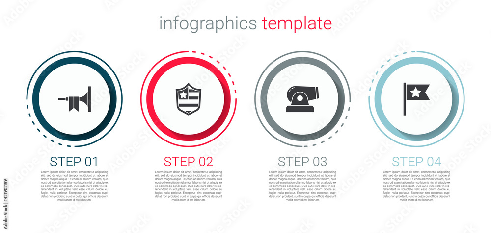 Set Trumpet, Shield with stars, Cannon and American flag. Business infographic template. Vector