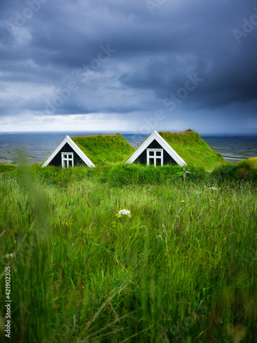 Old historic houses on the field in Iceland. Natural icelandic background. Travelling on Iceland. Famouns place. Travel image photo