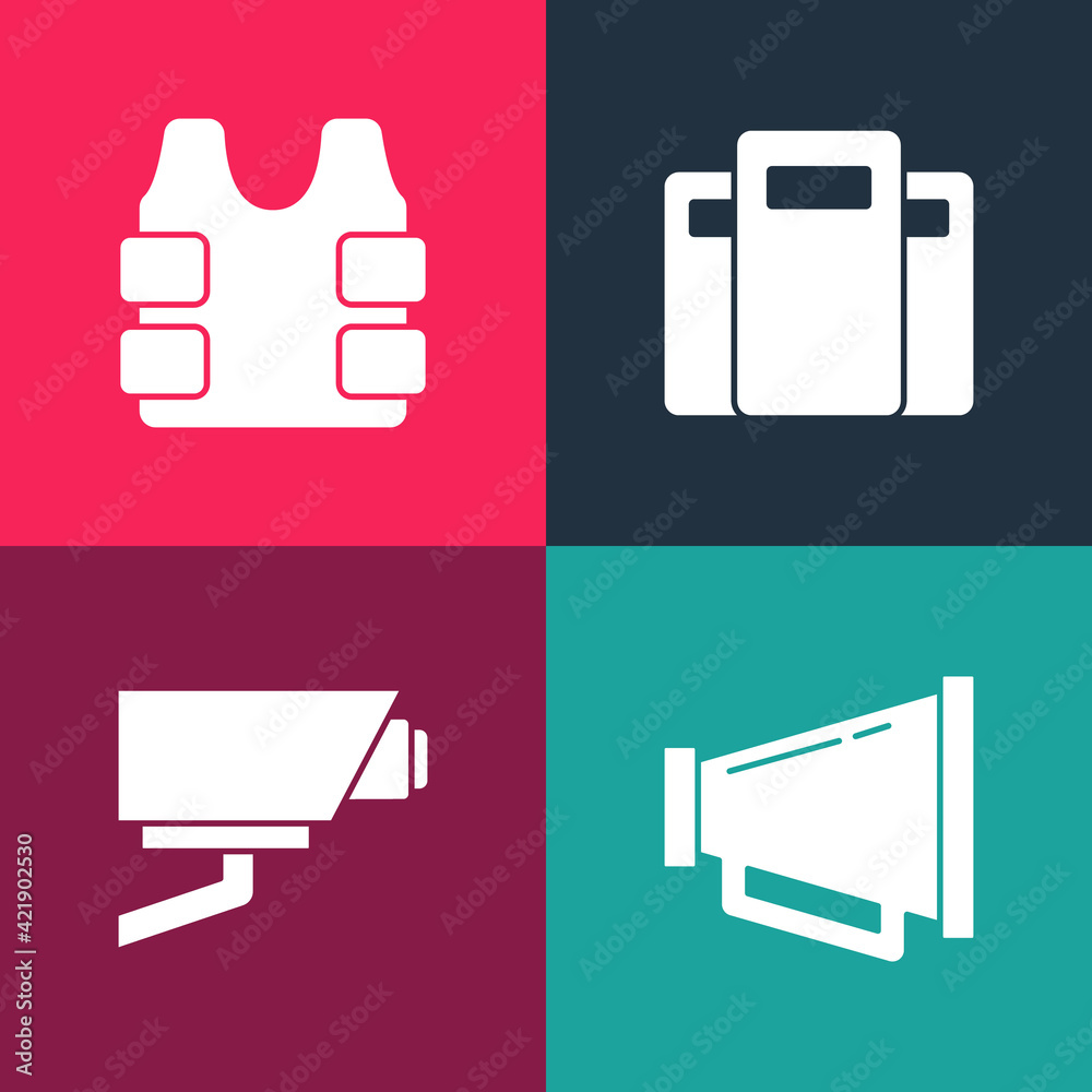 Set pop art Megaphone, Security camera, Police assault shield and Bulletproof vest icon. Vector Set pop art Megaphone, Security camera, Police assault shield and Bulletproof vest icon. Vector