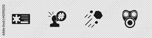 Set Police badge, Protest, Flying stone and Gas mask icon. Vector