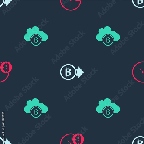 Set Bitcoin with clock, and Cryptocurrency cloud mining on seamless pattern. Vector