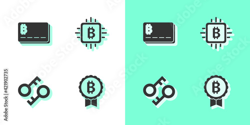 Set Bitcoin, Credit card with bitcoin, Cryptocurrency key and CPU mining farm icon. Vector