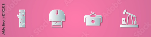 Set paper cut Birch tree, Kosovorotka, Ushanka and Oil pump pump jack icon. Paper art style. Vector