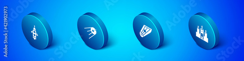 Set Isometric Rocket ship, Kankles, Church building and Satellite icon. Vector