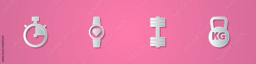 Set paper cut Stopwatch, Smartwatch, Dumbbell and Kettlebell icon. Paper art style. Vector