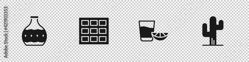 Set Tequila bottle, Chocolate bar, glass with lemon and Cactus icon. Vector