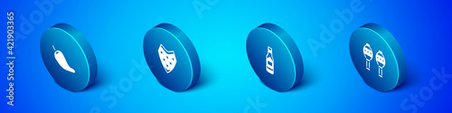 Set Isometric Hot chili pepper pod, Tabasco sauce, Maracas and Poncho icon. Vector