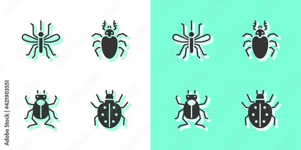 Set Mite, Mosquito, Beetle bug and deer icon. Vector