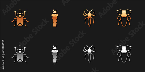 Set Beetle bug, Larva insect, Spider and Cockroach icon. Vector