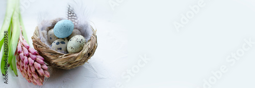 Fototapeta Naklejka Na Ścianę i Meble -  Colorful Easter eggs in the small nest with feathers and a hyacinth flower on a light background. Copy space. Banner. The Easter concept. Happy Easter