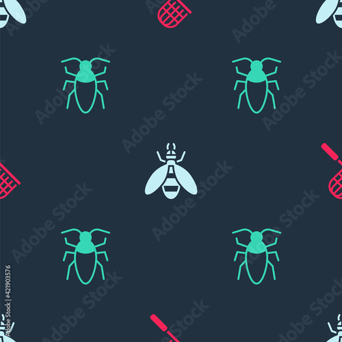 Set Butterfly net, Bee and Cockroach on seamless pattern. Vector