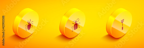 Set Isometric Beetle deer, Chafer beetle and Fly swatter icon. Vector