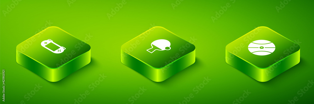 Fototapeta premium Set Isometric Racket and ball, Basketball and Portable video game console icon. Vector