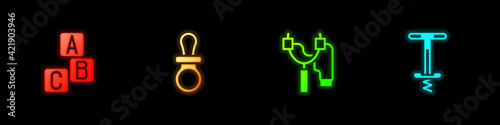 Set ABC blocks, Baby dummy pacifier, Slingshot and Pogo stick jumping toy icon. Vector