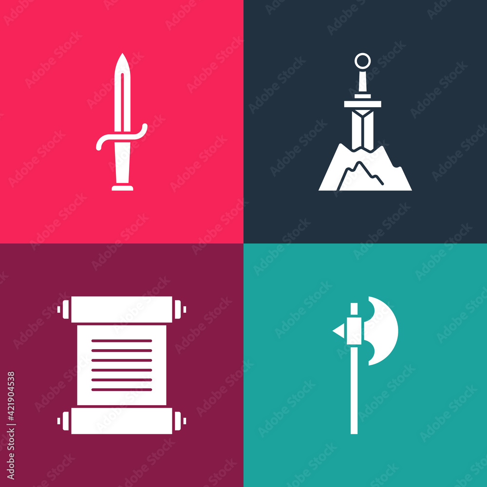 Set pop art Medieval axe, Decree, parchment, scroll, Sword in the stone and Dagger icon. Vector Set pop art Medieval axe, Decree, parchment, scroll, Sword in the stone and Dagger icon. Vector