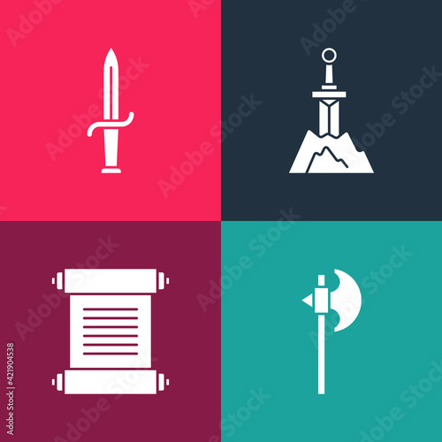 Set pop art Medieval axe, Decree, parchment, scroll, Sword in the stone and Dagger icon. Vector