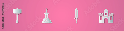 Set paper cut Hammer, Sword in the stone, Medieval sword and Castle, fortress icon. Paper art style. Vector