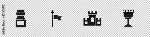 Set Poison in bottle, Medieval spear, Castle, fortress and goblet icon. Vector