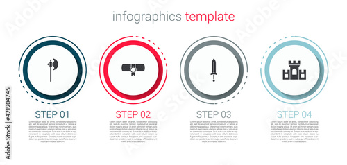 Set Medieval axe, Decree, parchment, scroll, sword and Castle, fortress. Business infographic template. Vector