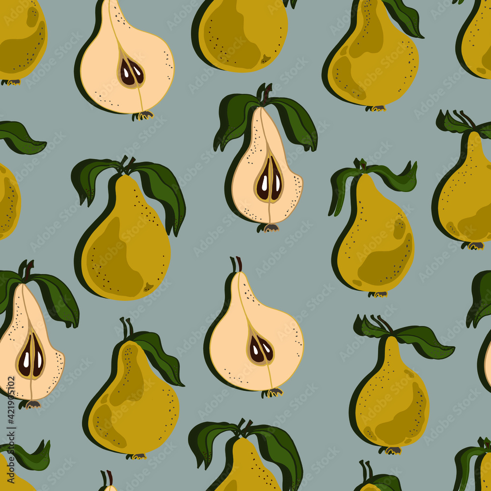 Obraz premium Pears with leaves, whole and chopped. Pear vector seamless pattern. Background for wallpaper, fabric, paper, scrapbooking, menu and packaging