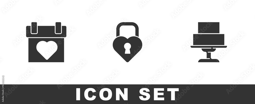 Set Calendar, Castle in the shape of heart and Wedding cake icon. Vector Set Calendar, Castle in the shape of heart and Wedding cake icon. Vector