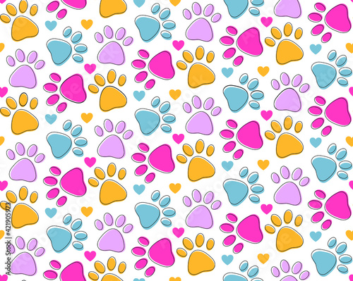 Seamless pattern with colorful pets paws. Cat or dog footprint outline cute childish bright background with hearts on white. Animal backdrop for pet shop, vet, children textile design, paper, fabric